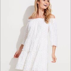 Vineyard Vines Off the Shoulder white dress with gold flecked details